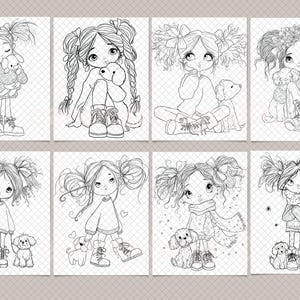 Peut inclure: Un ensemble de huit illustrations en noir et blanc au trait repr&eacute;sentant des jeunes personnages aux coiffures vari&eacute;es, avec des couettes et des n&oelig;uds, chacun accompagn&eacute; d'un petit chien. Les dessins montrent diverses poses et tenues d'hiver.