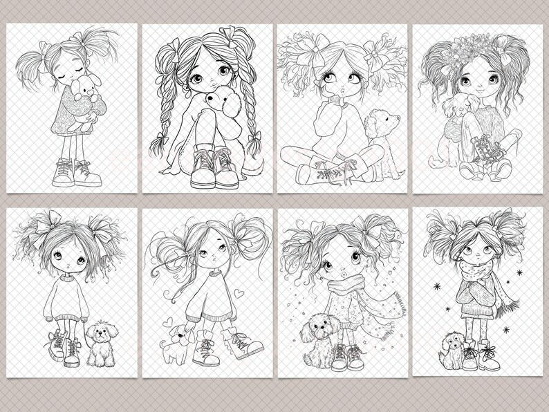 Peut inclure: Un ensemble de huit illustrations en noir et blanc au trait repr&eacute;sentant des jeunes personnages aux coiffures vari&eacute;es, avec des couettes et des n&oelig;uds, chacun accompagn&eacute; d'un petit chien. Les dessins montrent diverses poses et tenues d'hiver.