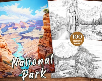 May include: A coloring book featuring 100 pages of national park landscapes. The cover shows a colorful illustration of the Grand Canyon with the text "National Park".