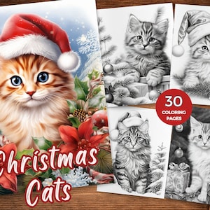 Puede incluir: Un libro para colorear con 30 p&aacute;ginas de ilustraciones con tem&aacute;tica navide&ntilde;a de gatos con gorros de Pap&aacute; Noel y rodeados de decoraciones festivas. La portada presenta un lindo gato atigrado naranja con un gorro de Pap&aacute; Noel rojo mirando directamente al espectador.