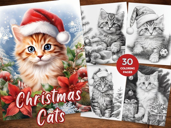 Cute Christmas Cat Coloring Pages Christmas Coloring Pages Cats Printable Christmas Cat Coloring Pages    Instant Download Grayscale color
