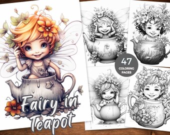Fairy in Teapot Coloring Book Grayscale Girl with flowers in teapot Coloring Instant Download Printable PDF Fairy in Teacup coloring sheets