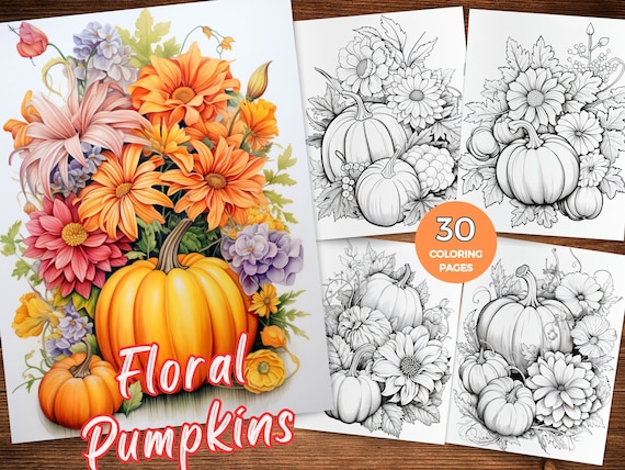 Floral Pumpkin Coloring Page Fall Coloring Book Printable Autumn Coloring Book Fall Harvest coloring Pumpkin with Flowers Grayscale coloring