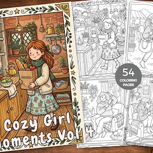 May include: A colouring book titled "Cozy Girl Moments Vol. 4" with illustrations of cosy scenes. The cover shows a girl holding groceries in a kitchen. The book includes 54 colouring pages with various scenes.