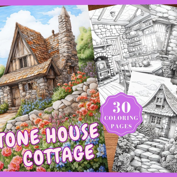 Stone House Cottage Coloring Pages for Adults Instant Download Stone Cottage Interior Coloring Book House Interior Gray Scale Coloring Sheet