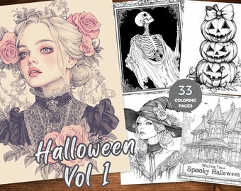 Spooky Halloween Coloring Pages for Adults Gothic Fantasy Coloring Pages Printable PDF Instant Download Grayscale Coloring Happy Halloween