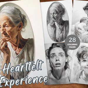 May include: A collection of 28 black and white coloring pages featuring realistic drawings of people of different ages. The title "Heartfelt Experience" is printed at the bottom of the page.