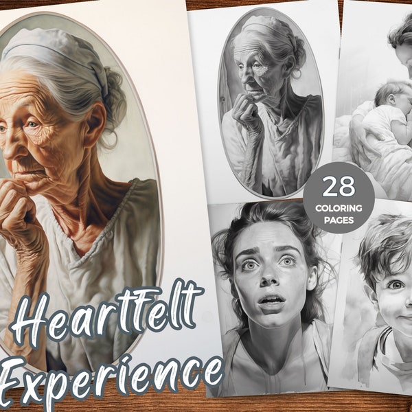 Heartfelt Emotional Experience Grayscale Coloring Book Instant Download Printable PDF Emotional Expressive Canvas Coloring Pages for Adults