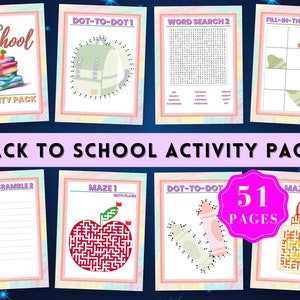 May include: A colorful back to school activity pack with 51 pages of activities for kids. The pack includes dot-to-dot, word search, word scramble, fill-in-the-image, and maze activities.