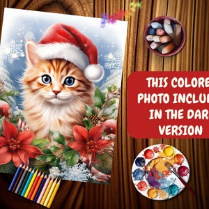 Puede incluir: Un lindo gatito tabby naranja con un gorro de Pap&aacute; Noel rojo, rodeado de flores de poinsettia rojas y hojas verdes. El gatito mira al espectador con grandes ojos azules. El fondo es una escena de invierno nevada.