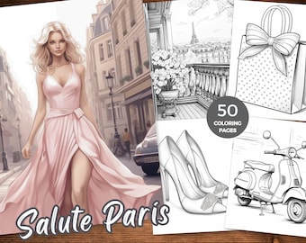 Salute Paris Malbuch Graustufen Malseiten Sofortiger Download Druckbare PDF Bonjour Färbung Pariser Charme Färbung Stadt Licht