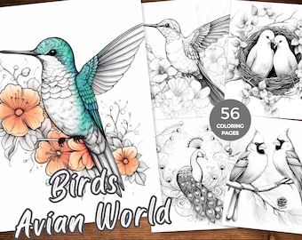 May include: A colouring book with 56 pages featuring detailed illustrations of birds. The cover features a hummingbird in flight with flowers. The text "Birds Avian World" is printed on the cover.