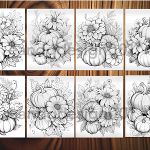 May include: Eight black and white printable coloring pages featuring pumpkins and flowers. Each page has a different arrangement of pumpkins and flowers.