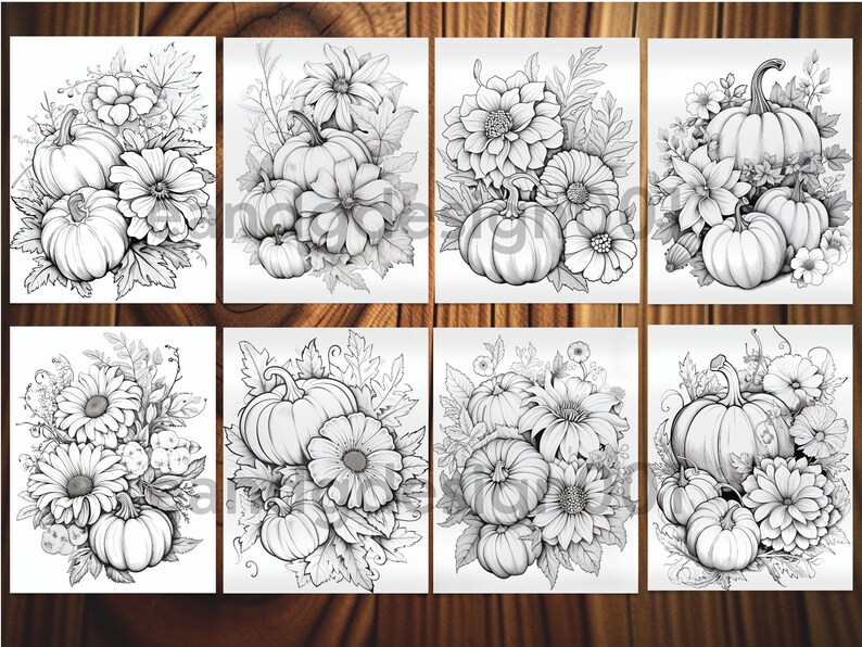 May include: Eight black and white printable coloring pages featuring pumpkins and flowers. Each page has a different arrangement of pumpkins and flowers.