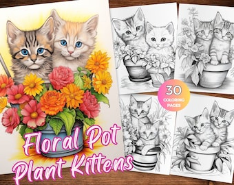 Floral Pot Plant Kitten coloring pages for adults Instant Download coloring pages of cute kittens Pot Plant coloring sheets Grayscale Kitten