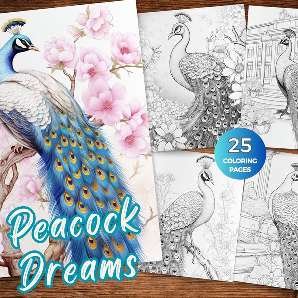 Peacock Printable Coloring Pages of Peacocks Instant Download Grayscale coloring book featuring intricate peacocks Printable PDF birds