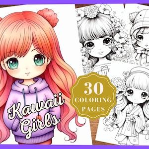 Kawaii Girls Vol 2 Coloring Pages, Cute Coloring Pages, Kids and Adults, Digital Download, Printable PDF, Instant Download, Grayscale Color