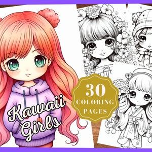 Kawaii Girls Vol 2 Coloring Pages, Cute Coloring Pages, Kids and Adults, Digital Download, Printable PDF, Instant Download, Grayscale Color