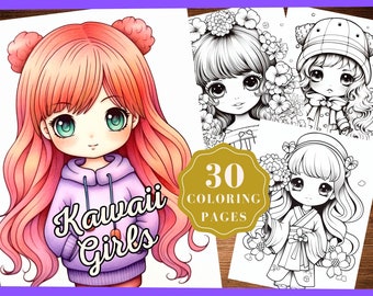 May include: A set of 30 coloring pages featuring cute kawaii girls with large eyes and detailed hair. The pages are black and white and ready to be colored. The text "Kawaii Girls" is written in a stylized font on the cover.