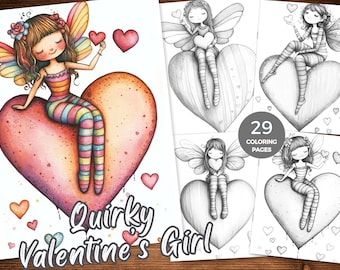 Quirky  Valentine&#39;s Girl coloring book Printable, Valentines Day Coloring Pages for Adults, Greyscale Heart coloring sheet Instant Download