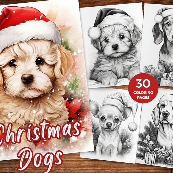 Kersthond kleurplaat Kerst printbare kleurplaten Feestelijke katachtigen kleurplaten Honden kleurboek Honden grijstinten kleuren