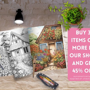May include: An open coloring book with two illustrations of houses with gardens. The left page is black and white, and the right page is in color. The book is lying on a brick wall with a potted plant and a lamp above it. The text on the pink square reads "BUY 3 ITEMS OR MORE IN OUR SHOP AND GET 45% OFF automatically applied at checkout."