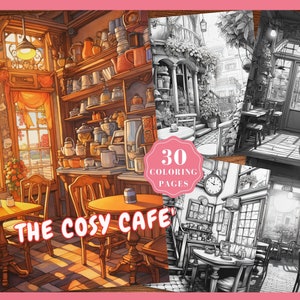 Coloring Book Cafe Coloring Pages Cozy Cafe Shop Coloring Sheets Coffee Shop Colouring Pages Instant Download Grayscale PDF cafe scenes