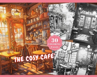 Coloring Book Cafe Coloring Pages Cozy Cafe Shop Coloring Sheets Coffee Shop Colouring Pages Instant Download Grayscale PDF cafe scenes