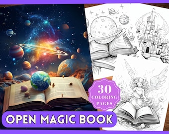 Può includere: Un set di 30 pagine da colorare con una varietà di temi magici, tra cui una galassia con pianeti, un castello e una fata che legge un libro. L'immagine di copertina mostra un libro aperto con una scena di galassia e il testo "OPEN MAGIC BOOK".