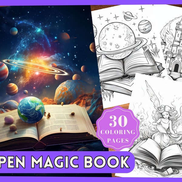 Open Magic Book Grayscale Coloring Pages Fantasy Magic Coloring Book Instant Download Magic Dragon Coloring Page Printable Magic Mushroom