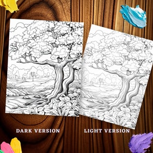 May include: Two black and white line drawings of a forest scene with a river running through it. The left image is labeled "Dark Version" and the right image is labeled "Light Version".