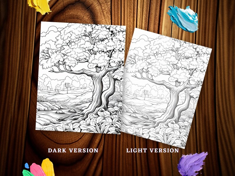 May include: Two black and white line drawings of a forest scene with a river running through it. The left image is labeled "Dark Version" and the right image is labeled "Light Version".