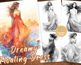 Coloring Pages of Dresses Coloring Book Dreamy Floating Dress Coloring Pages for Adults Printable Fashion Dress Coloring Pages Grayscale
