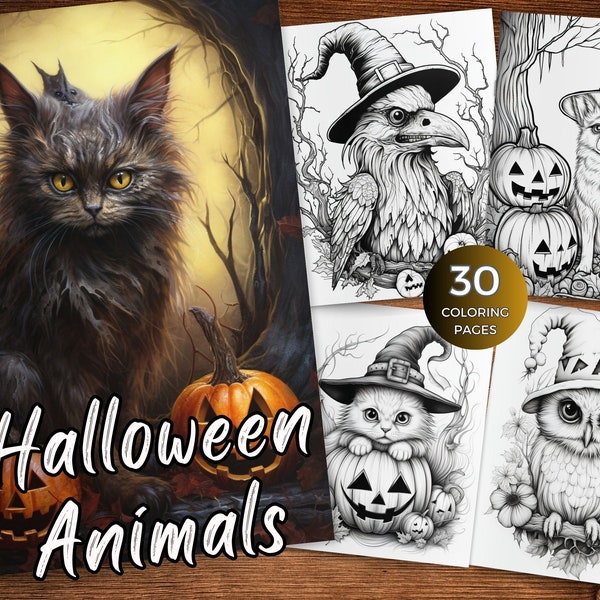 Halloween Animals Coloring Pages Halloween Coloring Pictures for Adults Printable PDF Instant Download  Fantasy Grayscale Coloring Halloween