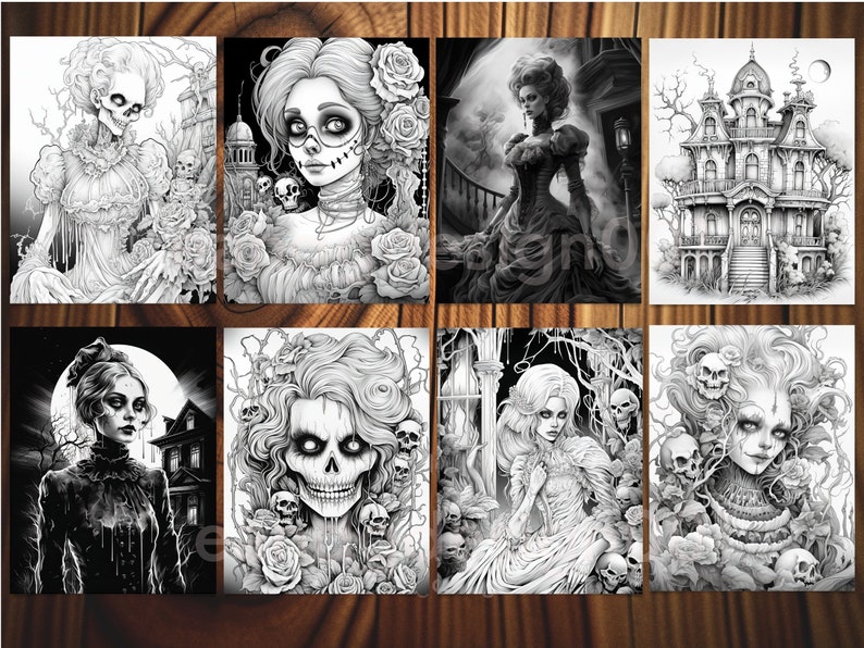 May include: A set of eight black and white printable coloring pages featuring gothic and spooky themes. The images include a woman with a skull face, a haunted house, and a woman in a long dress.