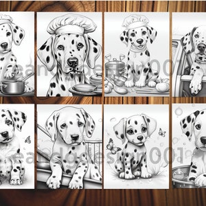 Op de afbeelding: Acht zwart-wit illustraties van Dalmati&euml;rpups in verschillende poses. De pups dragen koksmutsen, zitten in een auto, spelen met bubbels en zitten op een grasveld.