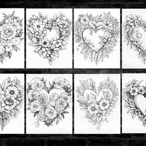 K&ouml;nnte beinhalten: Acht schwarz-wei&szlig;e druckbare Malvorlagen mit floralen Herzmotiven. Jede Seite zeigt eine andere Blumenanordnung in Form eines Herzens.