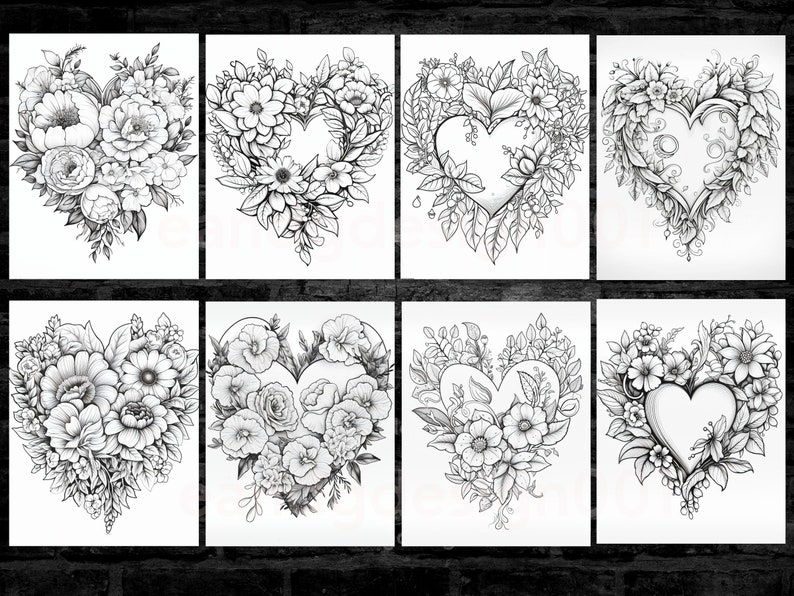 K&ouml;nnte beinhalten: Acht schwarz-wei&szlig;e druckbare Malvorlagen mit floralen Herzmotiven. Jede Seite zeigt eine andere Blumenanordnung in Form eines Herzens.