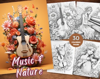 Coloring Pages of Musical Instruments Coloring Book for Adults Instant Download Instruments with Fairies coloring sheet of Animal Instrument