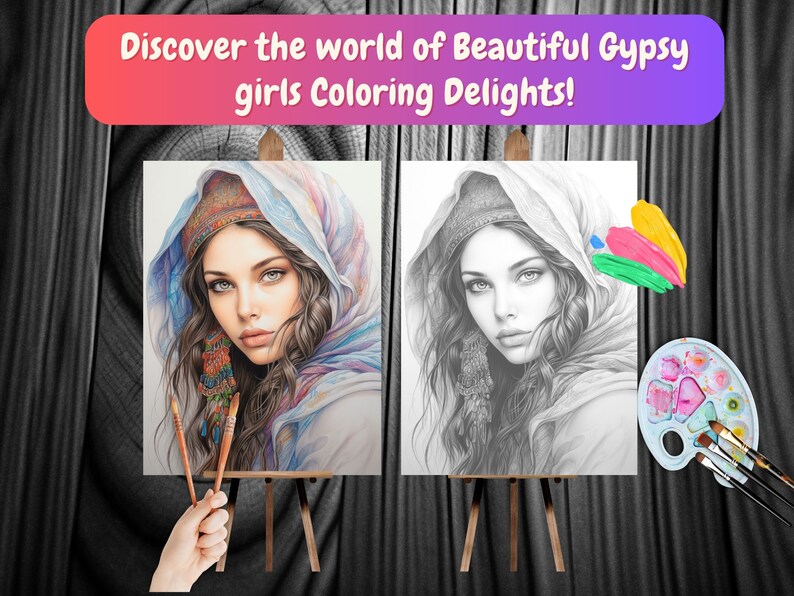 May include: A black and white drawing of a woman with long hair wearing a headscarf. The drawing is on an easel with paintbrushes and a paint palette.
