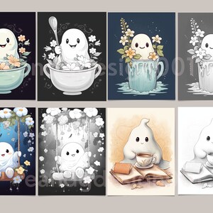 K&ouml;nnte beinhalten: Satz von acht druckbaren digitalen Illustrationen mit einem niedlichen Geist in verschiedenen Szenen. Der Geist ist in einer Teetasse, einer Schaukel und beim Lesen eines Buches dargestellt. Einige Illustrationen sind farbig, andere in Schwarzwei&szlig;.