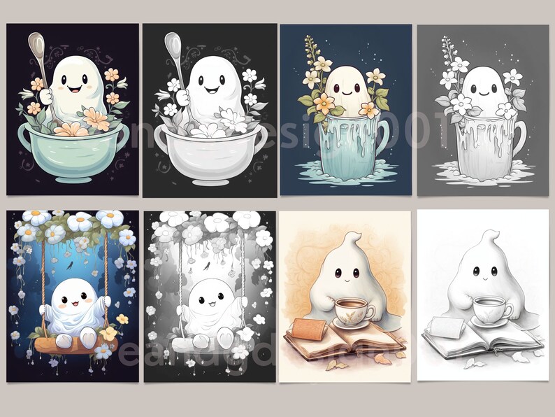 K&ouml;nnte beinhalten: Satz von acht druckbaren digitalen Illustrationen mit einem niedlichen Geist in verschiedenen Szenen. Der Geist ist in einer Teetasse, einer Schaukel und beim Lesen eines Buches dargestellt. Einige Illustrationen sind farbig, andere in Schwarzwei&szlig;.