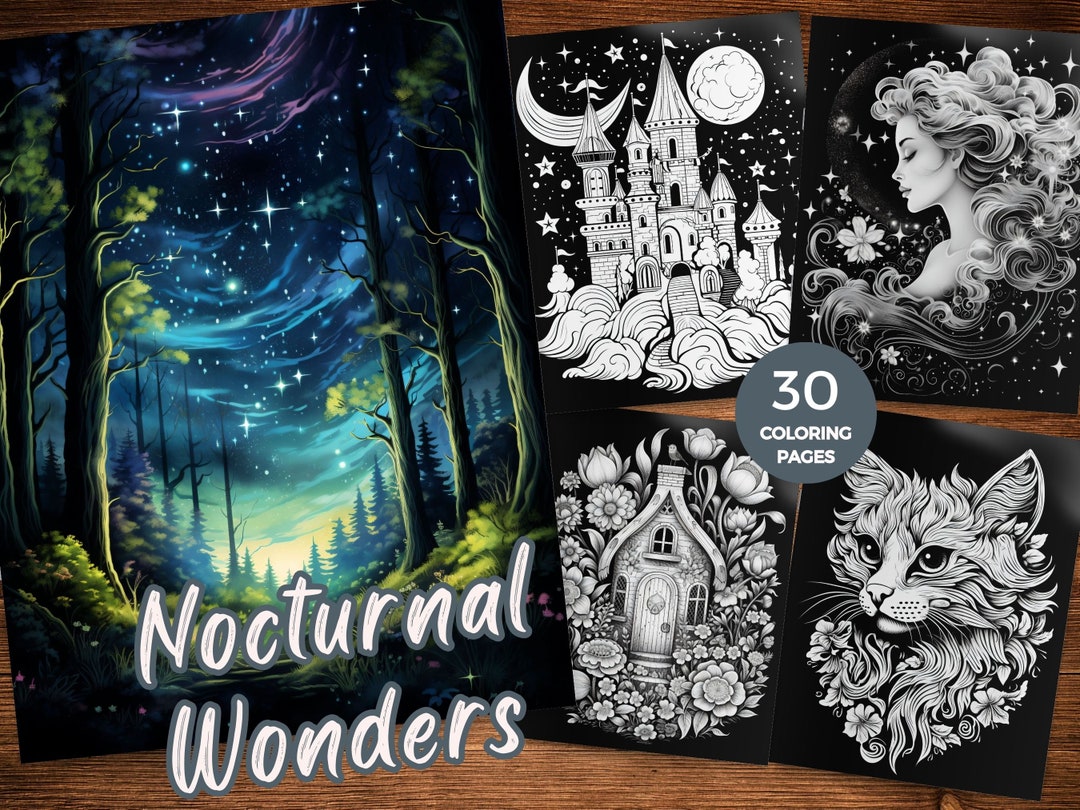 Black Background Coloring Book Instant Download Nocturnal Wonders Black ...