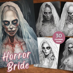Puede incluir: Un libro para colorear con 30 páginas que presenta ilustraciones en blanco y negro de novias de terror. La portada presenta un primer plano de una novia con velo, piel pálida y boca ensangrentada. El título "Horror Bride" está escrito en letras rosas.