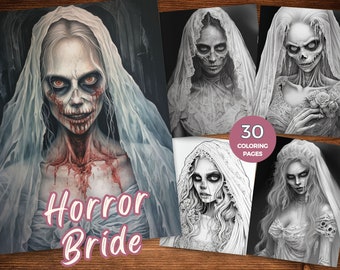 Kolorowanki Gothic Horror Bride Kolorowanki Scary Bride Instant Download Kolorowanki Zombie Bride w skali szarości Mrożące krew w żyłach piękno