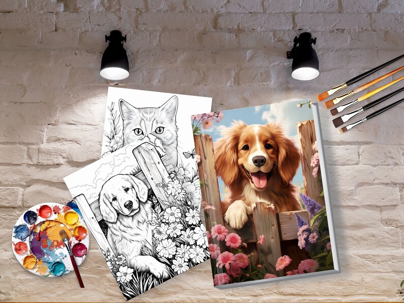 May include: A collection of dog and cat-themed art prints. One print features a colorful dog behind a wooden fence surrounded by pink flowers. Two black and white coloring book style prints show a cat and a dog.