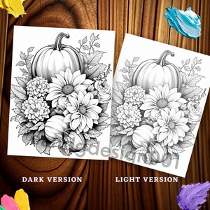 May include: A black and white illustration of a pumpkin, sunflowers, and other fall flowers. The image is labeled "DARK VERSION" and "LIGHT VERSION".