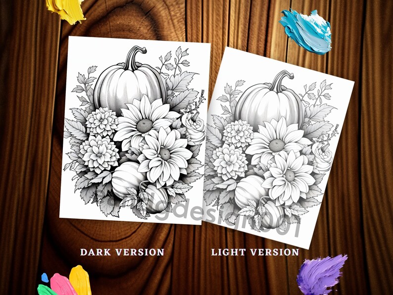 May include: A black and white illustration of a pumpkin, sunflowers, and other fall flowers. The image is labeled "DARK VERSION" and "LIGHT VERSION".