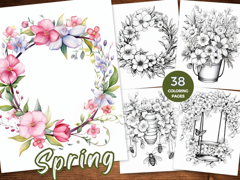 May include: A collection of spring-themed coloring pages. The cover features a watercolor floral wreath with pink and white flowers. Other pages include floral arrangements and a swing decorated with flowers. The text "Spring" is written in green.
