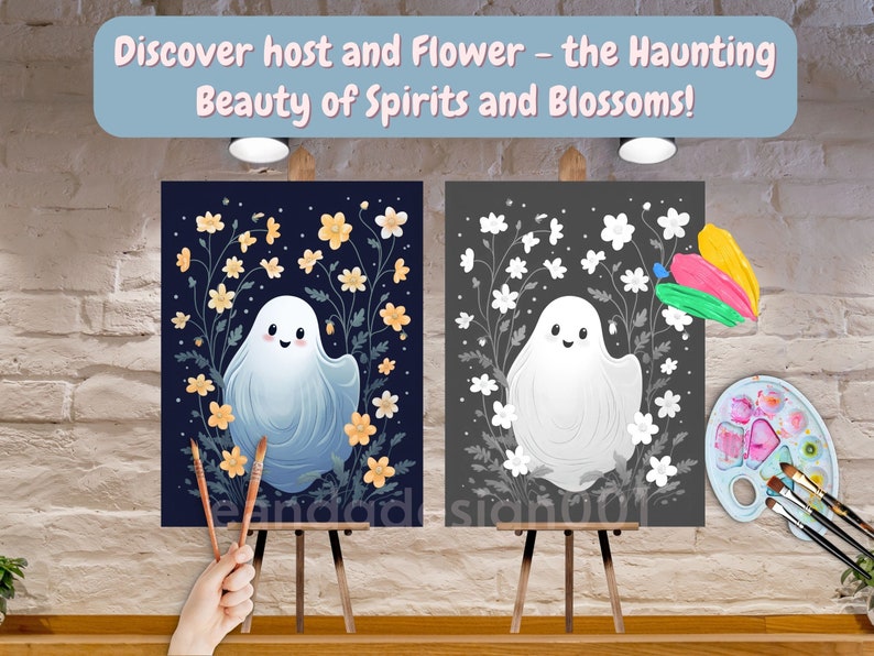 K&ouml;nnte beinhalten: Ein Malen-nach-Zahlen-Set mit einem freundlichen Geist, der von Blumen umgeben ist. Das Set enth&auml;lt eine Leinwand mit einem vorgefertigten Design, Pinsel und eine Palette mit Farben.